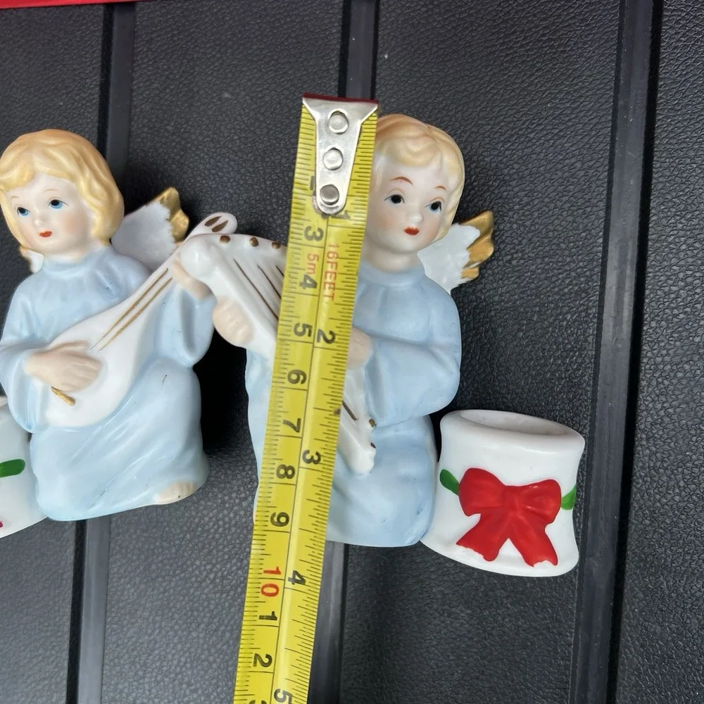 Vtg 1980s Porcelain Musical Angel Taper Candle Holders Aldon Hand Painted Taiwan